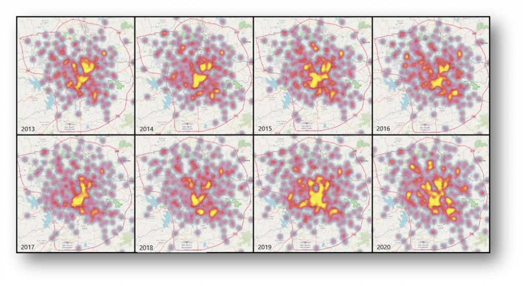 Heatmap of Hyderabad, Telangana, depicting the increase in the size and extent of hotter zones (= higher rescues) with each passing year. (bright yellow = high rescue zones, red = intermediary zones, and blue = low rescue zones)
