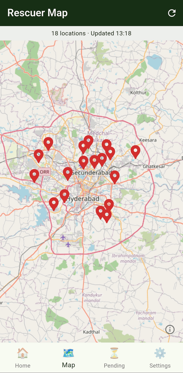 Coordinator view in the FOS Rescue app, showing upcoming rescues plotted on a map as rescuers update their status.